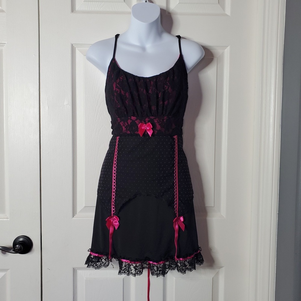 Vintage Intimate Attitude Black Hot Pink Babydoll Y2K Coquette Whimsygoth Sexy